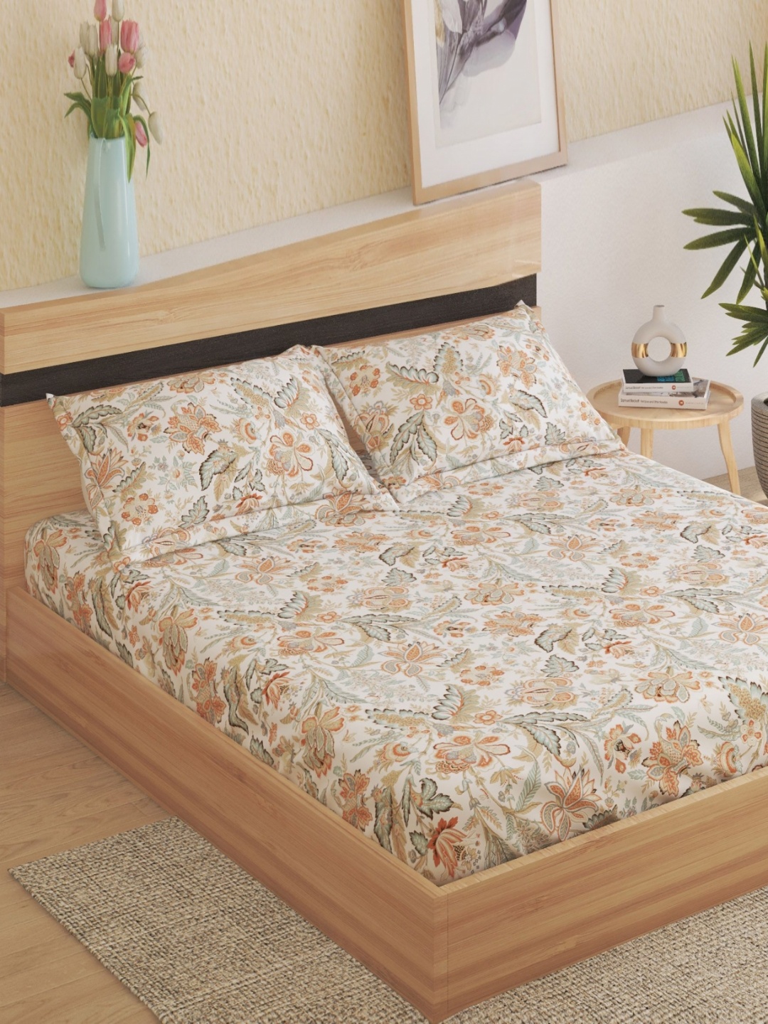 

Home Centre Oxford Brown Floral Cotton 200 TC Fitted Double King Bedsheet Set-1.95mx1.80m