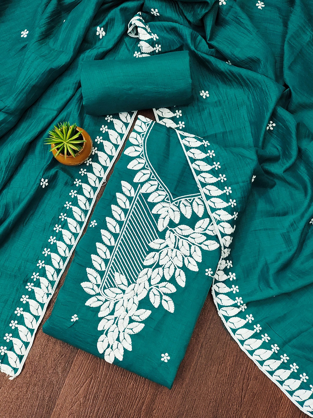 

MANVAA Floral Embroidered Unstitched Dress Material, Green