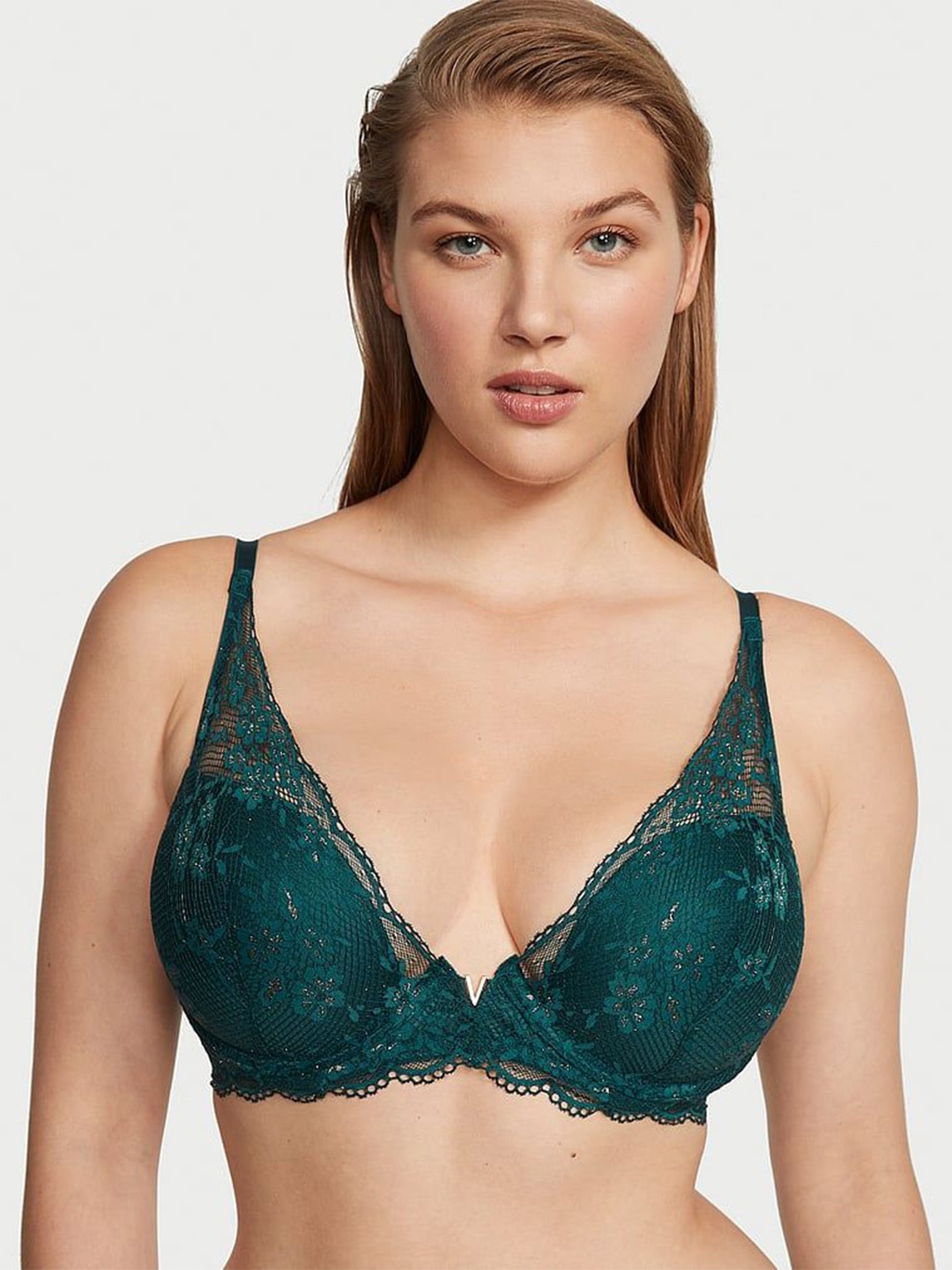 

Victoria's Secret Floral Half Coverage Underwired Lightly Padded Plunge Bra, Green