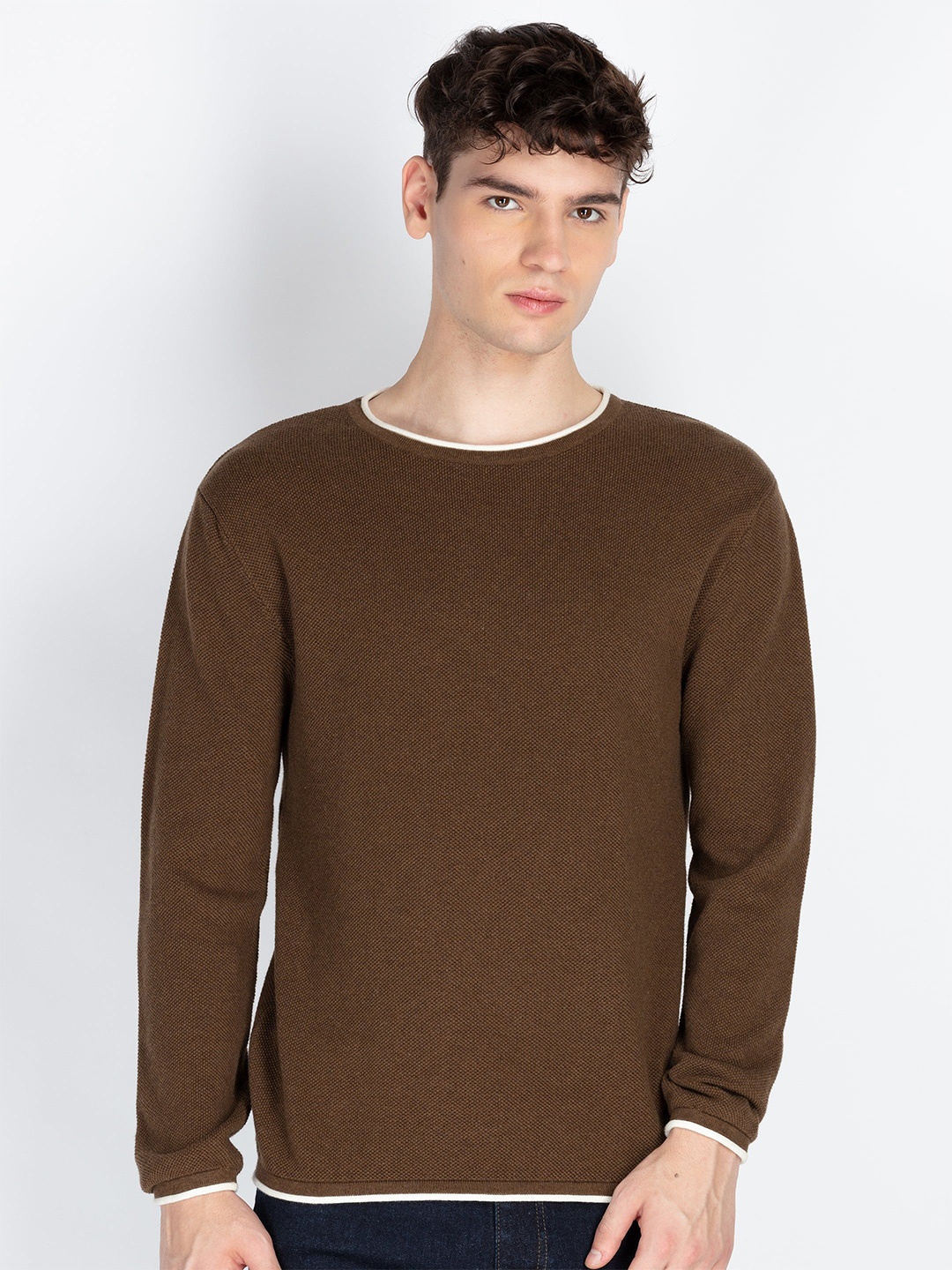 

Status Quo Men Ribbed Cotton Winter Pullover, Brown