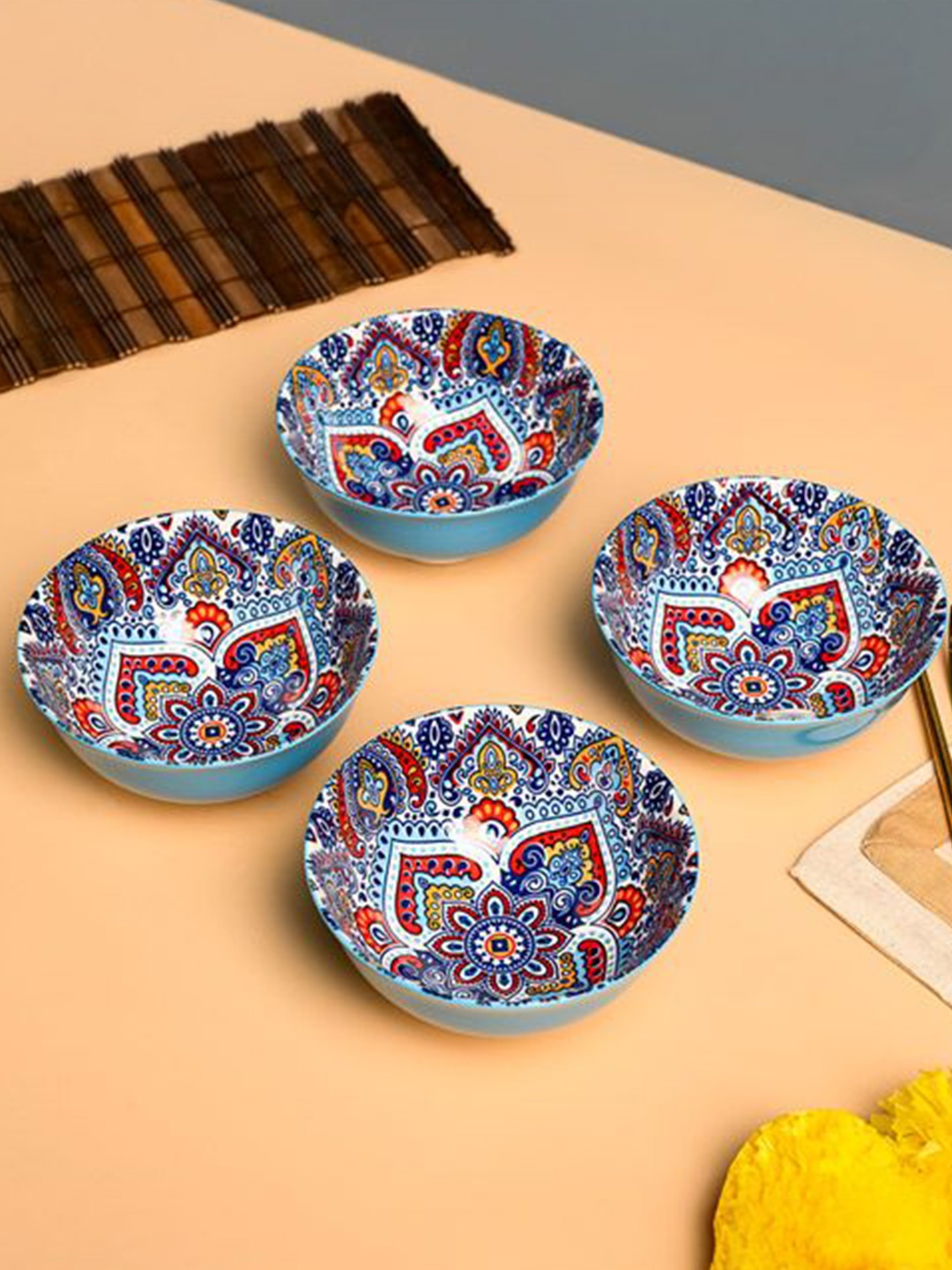 

MARKET99 Blue & Red 4 Pieces Printed Ceramic Glossy Bowls 300 ml