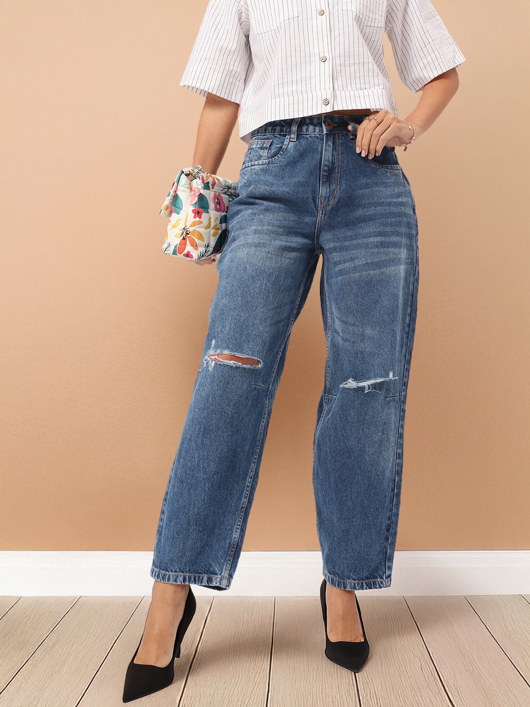 

DressBerry Women Distressed & Daring Skater Fit Crop Jeans, Navy blue