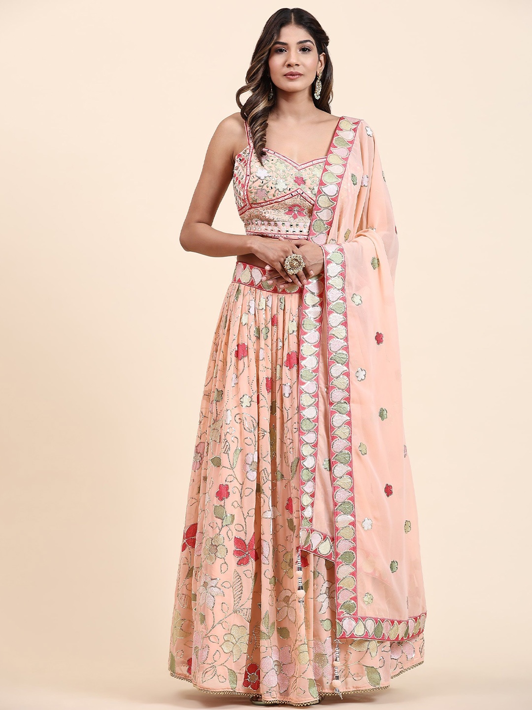 

VANAKARA Embellished Shoulder Straps Sequinned Ready to Wear Lehenga & Blouse With Dupatta, Peach