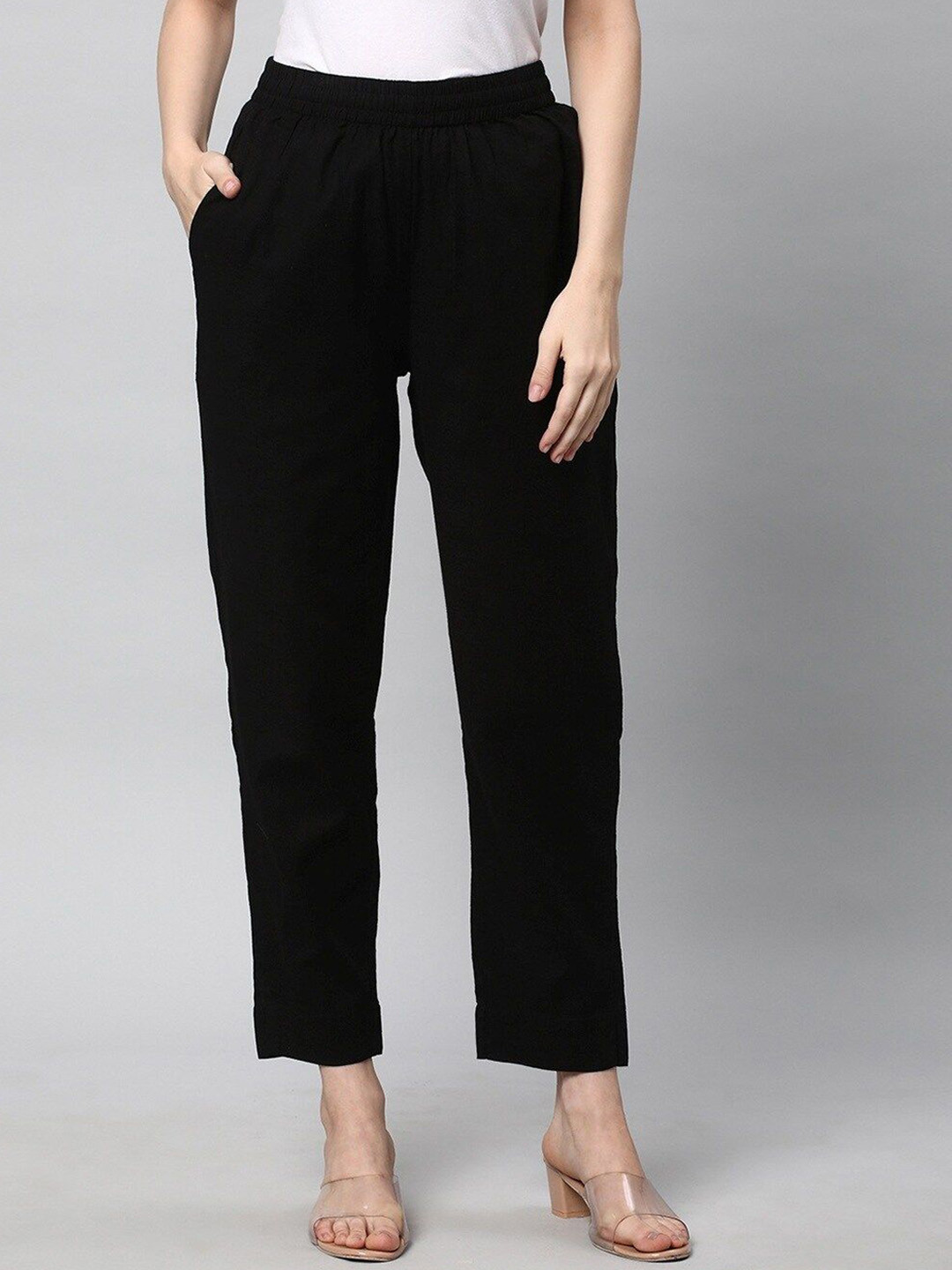 

IndianRang Women Relaxed Straight Leg Cotton Trouser, Black