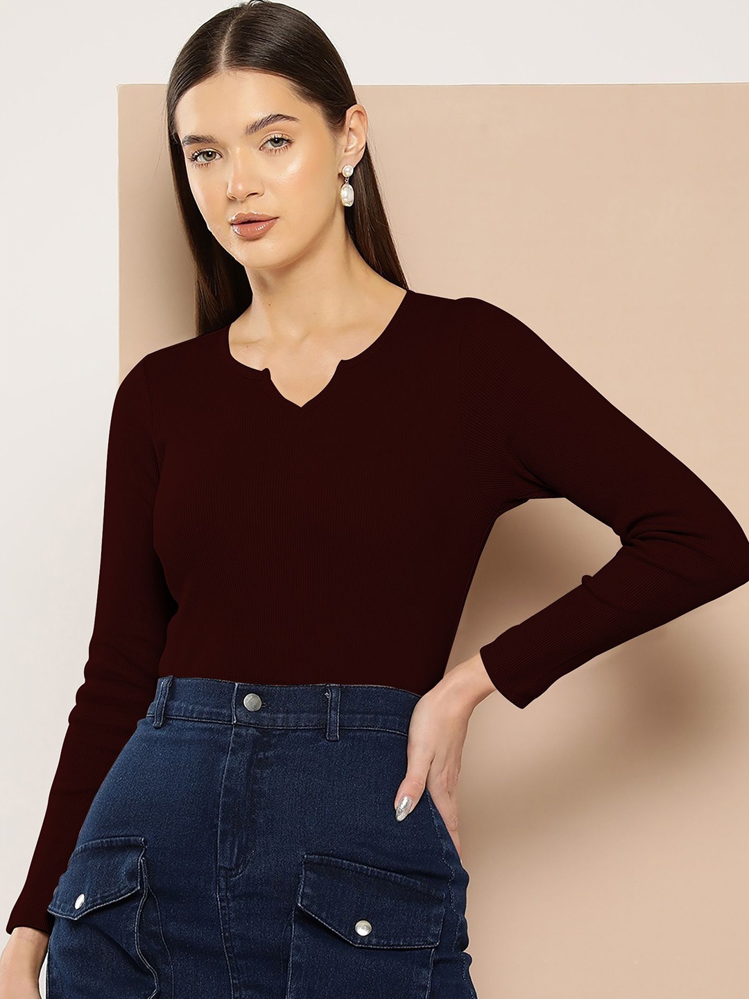 

Dream Beauty Fashion Women Solid V-Neck Long Sleeves Tops, Maroon