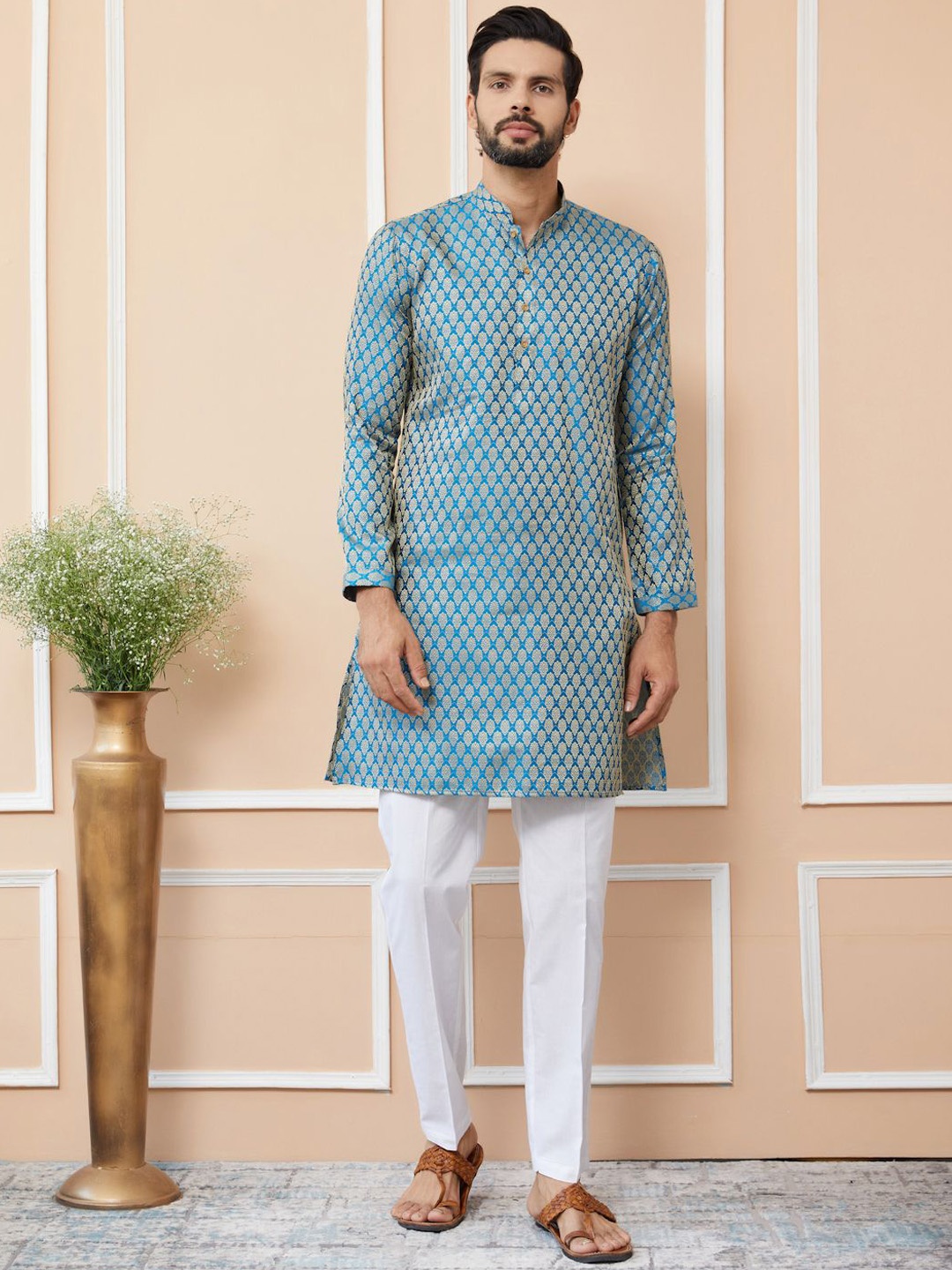 

See Designs Ethnic Motifs Woven Design Mandarin Collar Silk Jacquard Straight Kurta, Blue