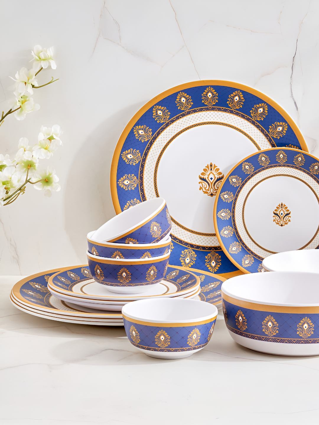 

Home Centre Blue 2024 14 Pieces Melamine Dinner Set of