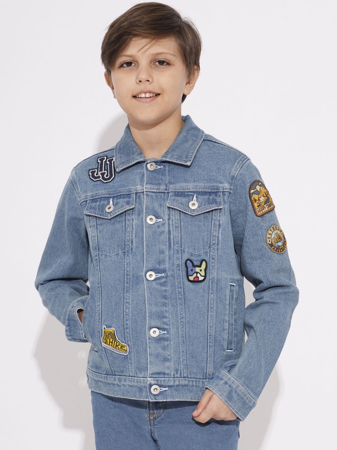 

Jack & Jones Junior Boys Spread Collar Graphic Embroidered Cotton Casual Denim Jacket, Blue