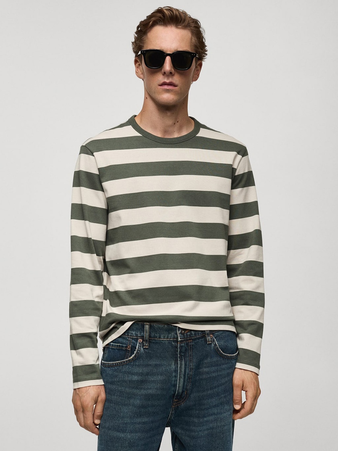 

MANGO MAN Striped Pure Cotton T-shirt, Off white