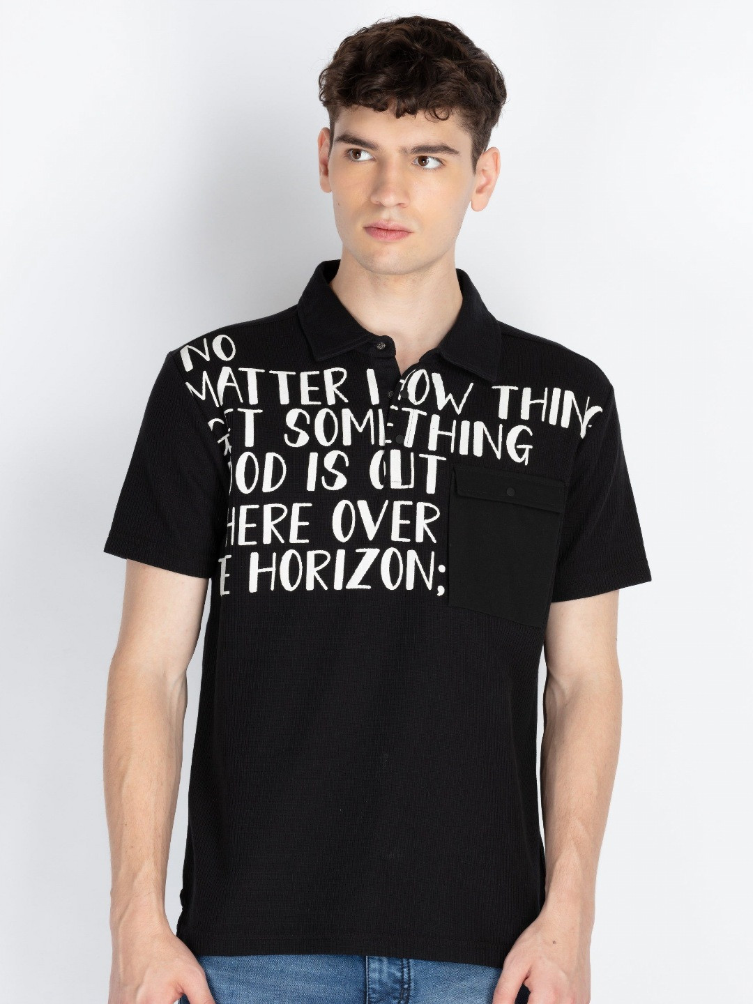 

Status Quo Men Typography Printed Polo Collar Pockets T-shirt, Black