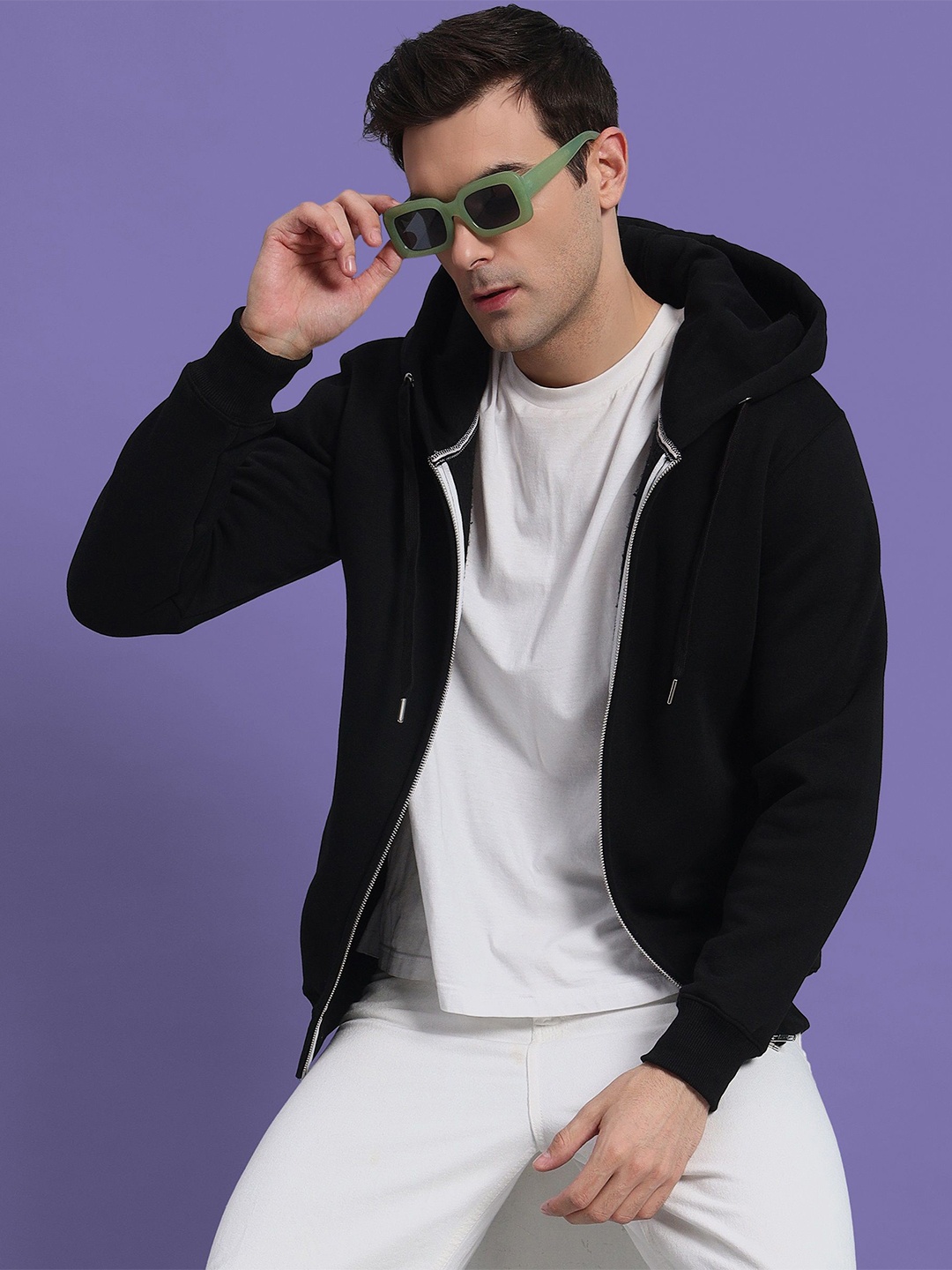 

PockMAN Men Fleece Hooded Neck Full Sleeves Front-Open Zip Closure Sweatshirt, Black