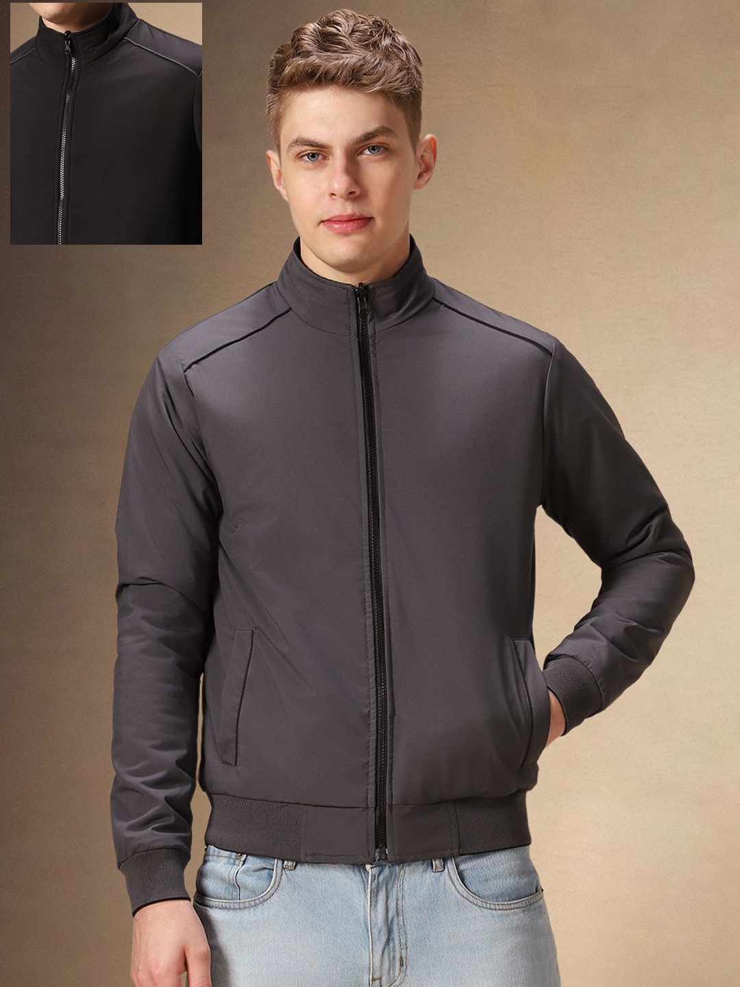 

Dennis Lingo Men Mock Collar Solid Casual Bomber Jacket, Black