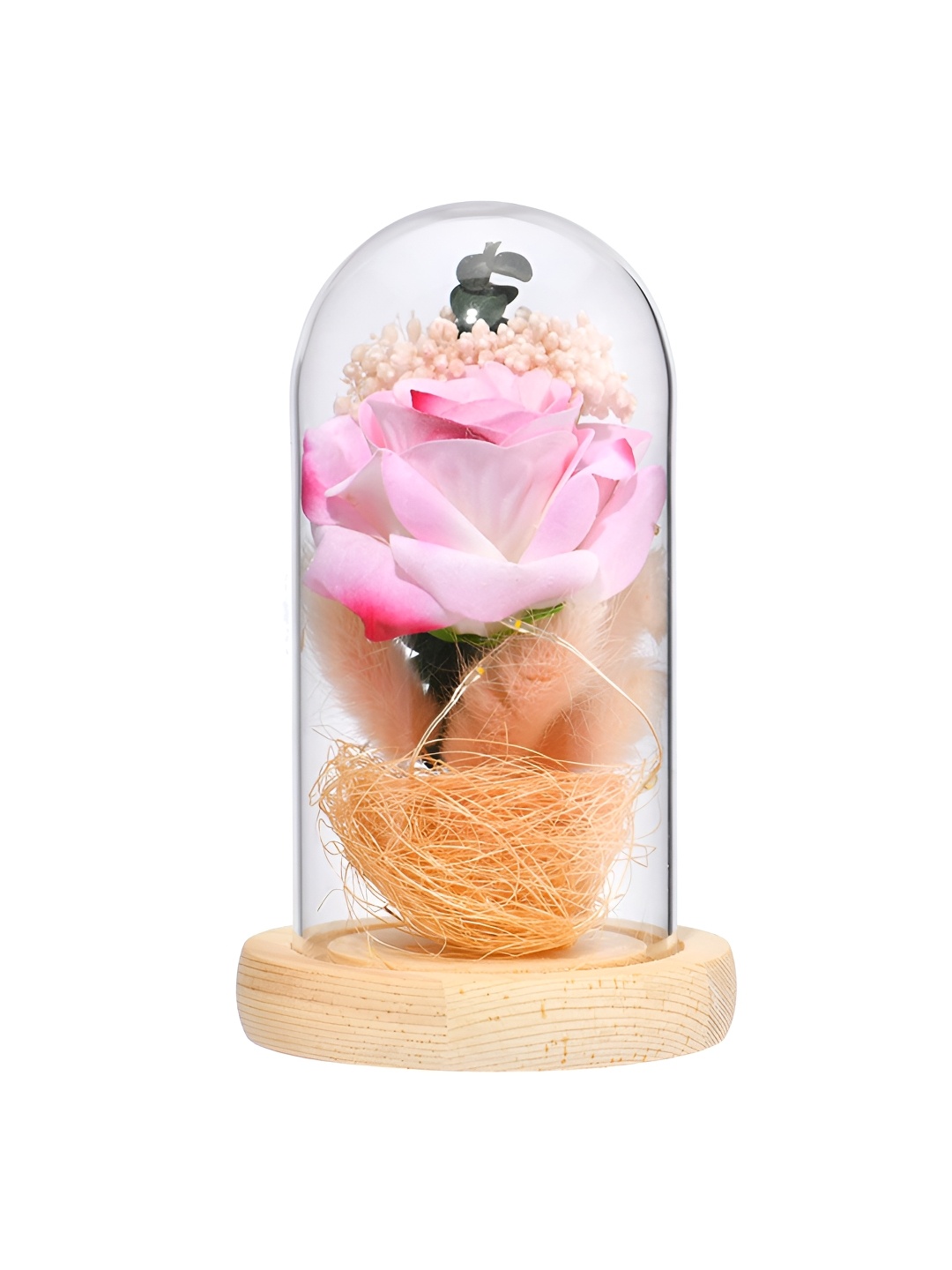 

Gleevers White Artificial Rose LED Lights In Glass Dome Showpiece