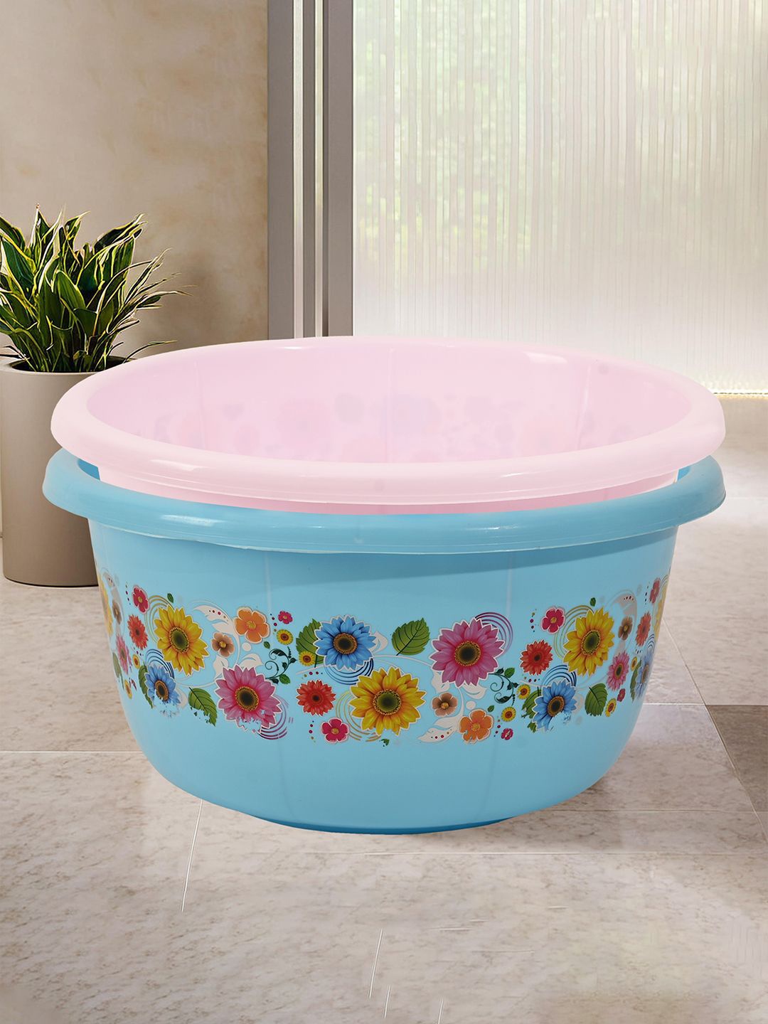 

Kuber Industries Pink & Blue 2 Pieces Floral Printed Matte Bath Tub