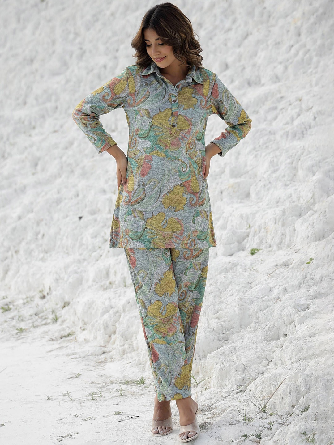 

FLAVIA CREATION Printed Pure Wool Tunic & Trousers, Green