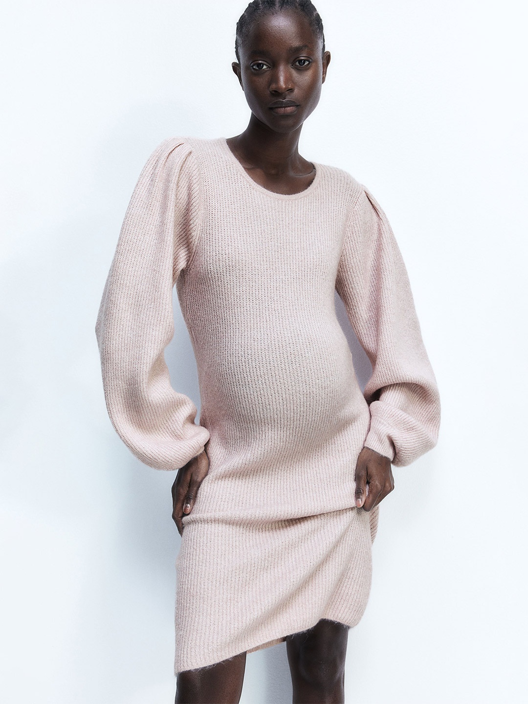 

H&M Mama Balloon-Sleeved Rib-Knit Dress, Pink