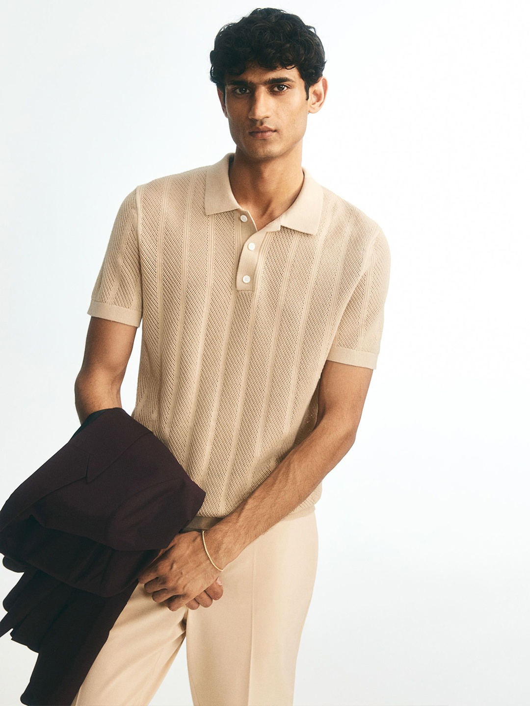 

H&M Men Textured-Knit Polo Shirt, Beige