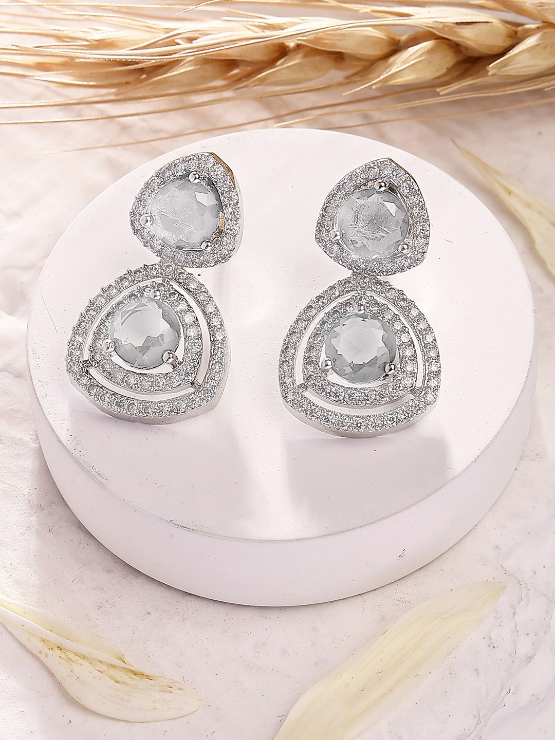 

KARATCART Silver-Plated American Diamond Studded Round Drop Earrings