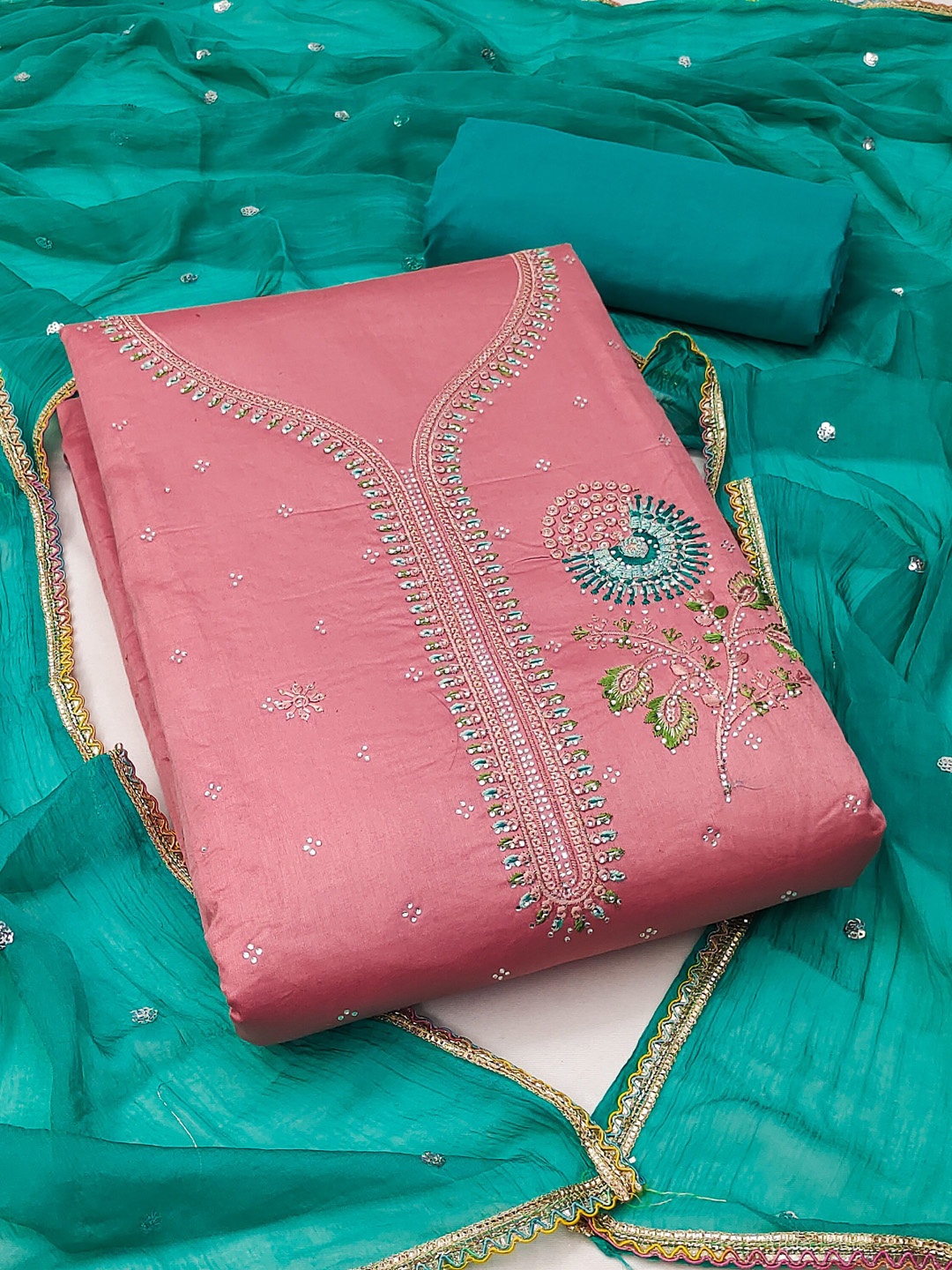 

MANVAA Floral Embellished Beads and Stones Unstitched Dress Material, Pink