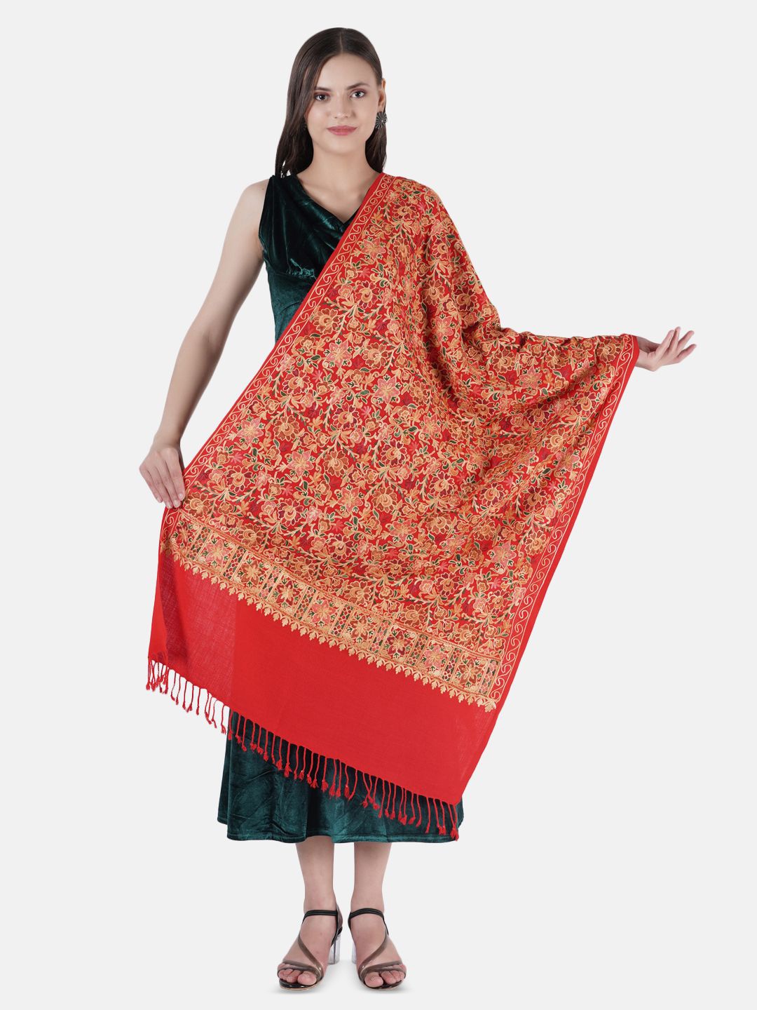 

MUFFLY Women Wool Embroidered Floral Fringed Stole, Red