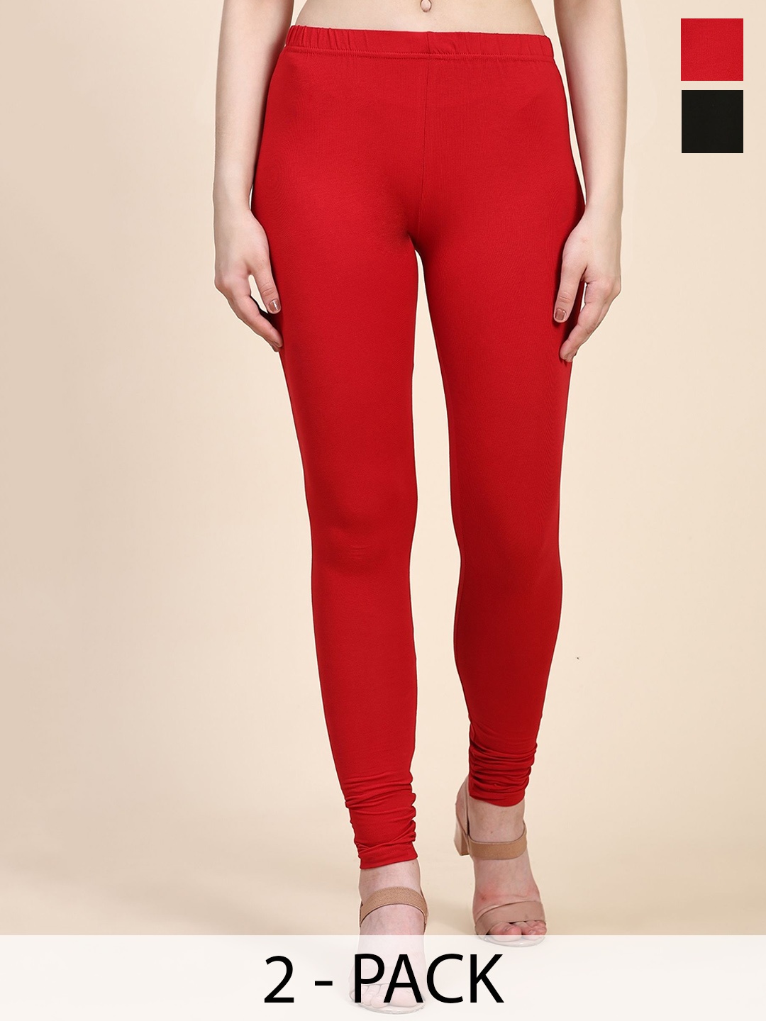 

Outflits Women Cotton Pack Of 2 Mid-Rise Ankle-Length Slip-On Leggings, Red