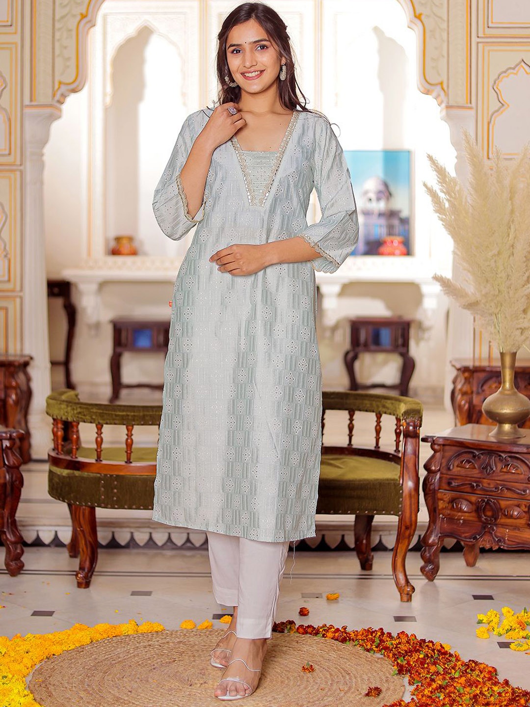 

Chandbaali Ethnic Motifs Printed V-Neck Three-Quarter Sleeves Regular Sequinned Kurta, Sea green