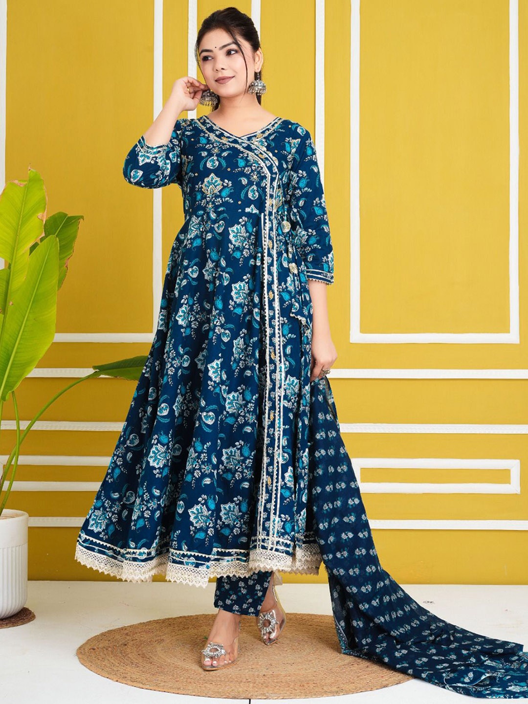 

Fabinn Floral Printed Angrakha Gotta Patti Kurta with Trouser & Dupatta, Blue