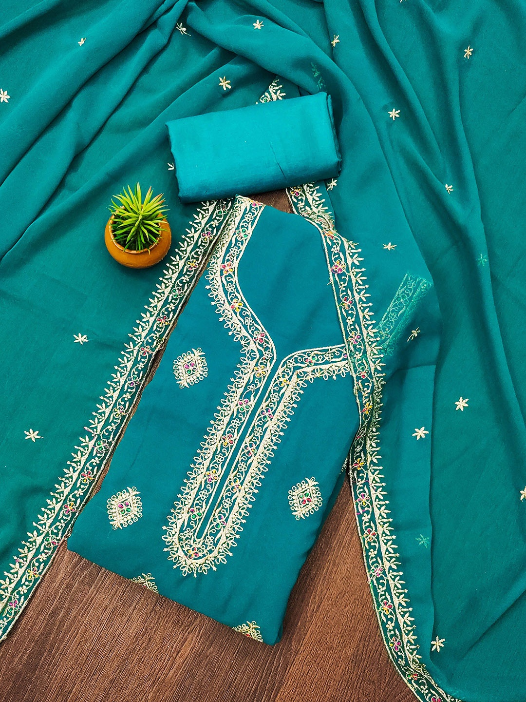 

MANVAA Floral Embellished Unstitched Dress Material, Turquoise blue