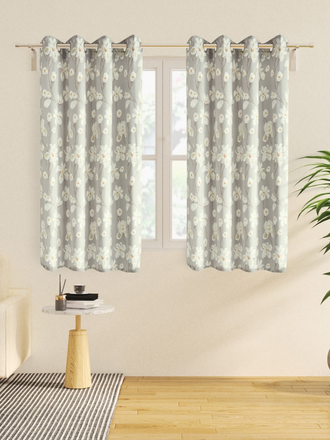 

Home Centre Lavish Amphora Grey & White 2 Pieces Floral Printed Velvet Window Curtains