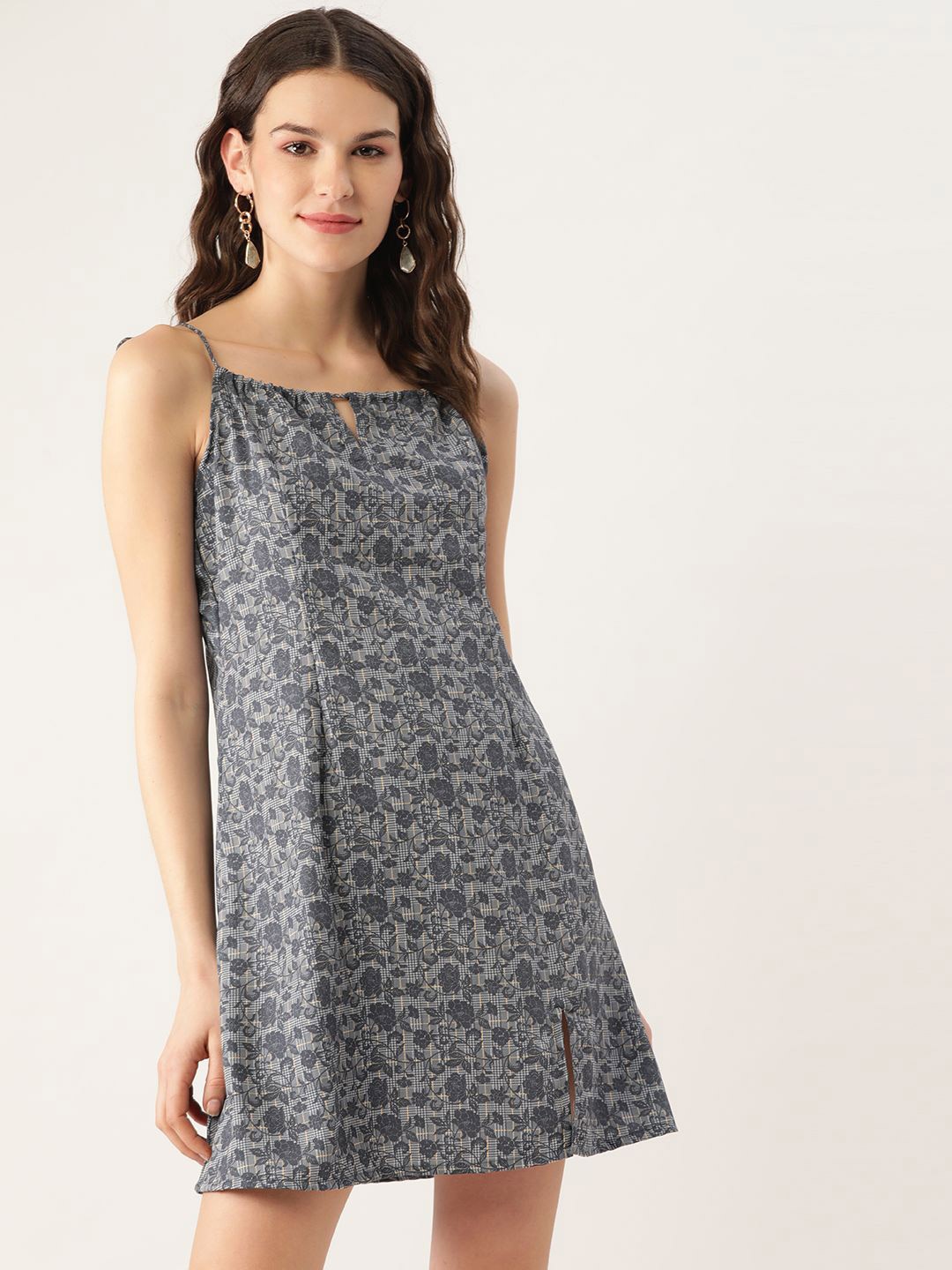 

MELOSO Women Floral Printed A-Line Mini Casual Dress, Grey