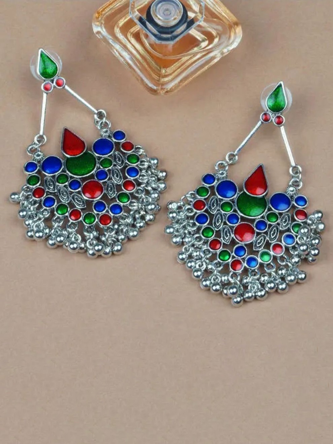 

PRASUB Silver-Plated Stone Studded Meenakari Drop Earrings