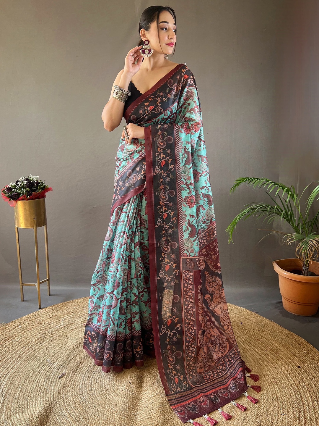 

STAVA CREATION Ethnic Motifs Printed Pure Cotton Ilkal Saree, Blue