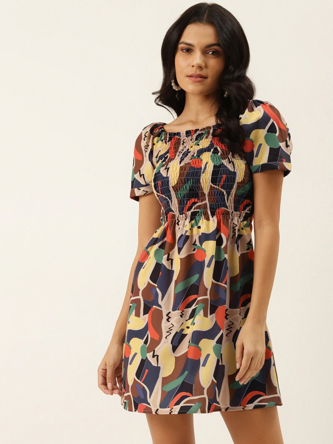 

MELOSO Women Printed Puff Sleeve A-Line Dress, Brown