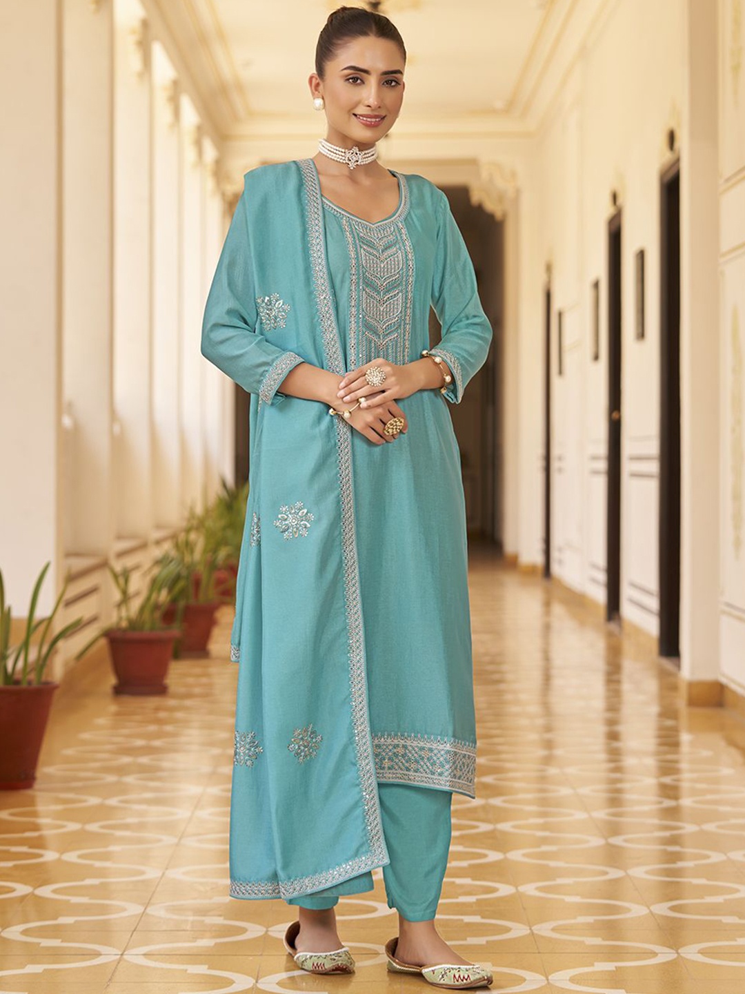 

KALINI Floral Embroidered Sequined Straight Kurta With Trousers & Dupatta, Blue