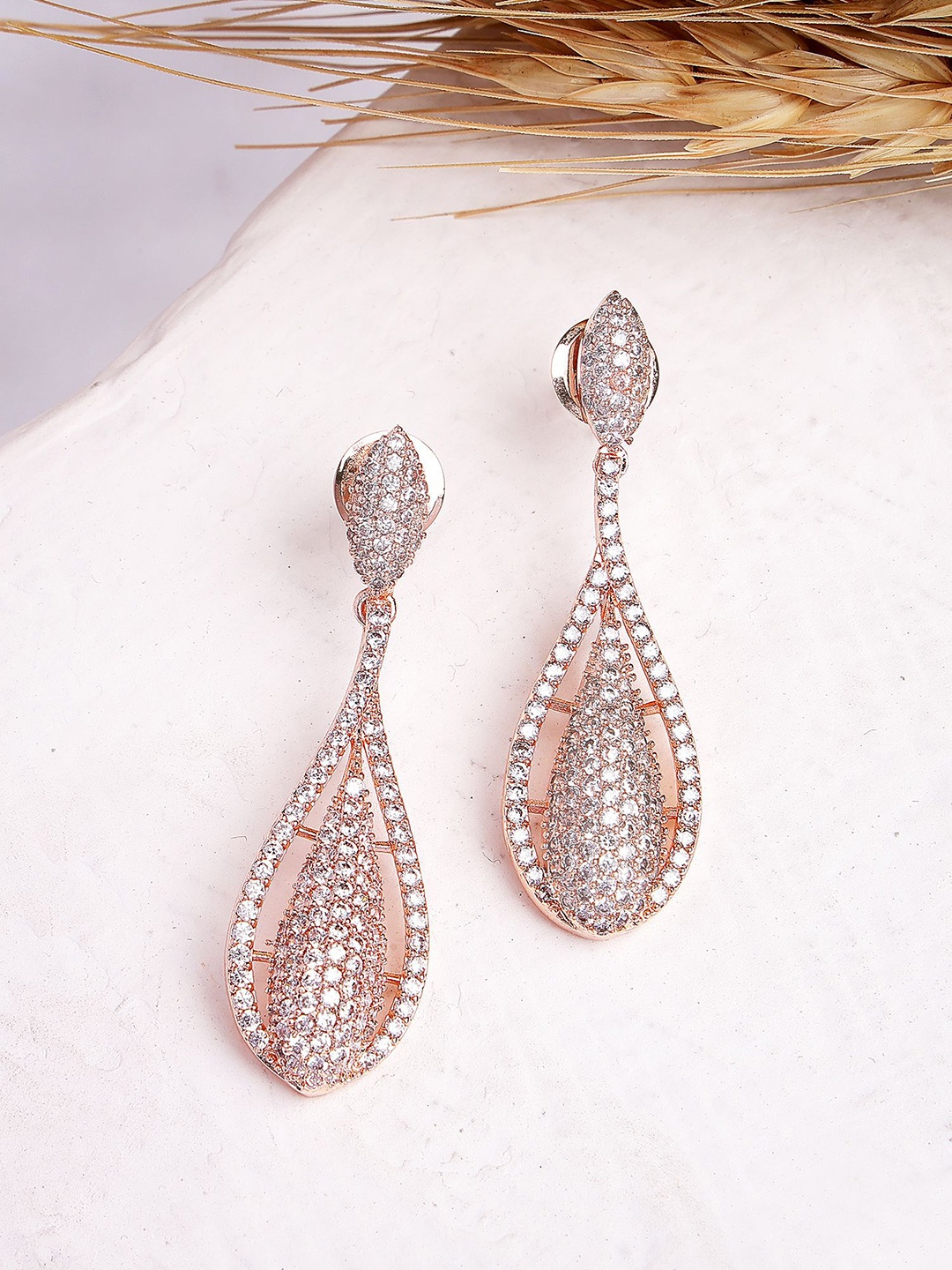 

KARATCART Rose Gold Plated American Diamond Studded Contemporary Drop Earrings