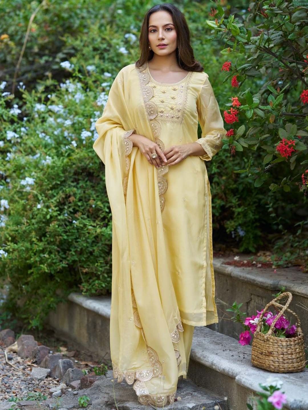 

HOUSE OF MIRA Floral Embroidered Sequinned Kurta with Palazzo & Dupatta, Yellow