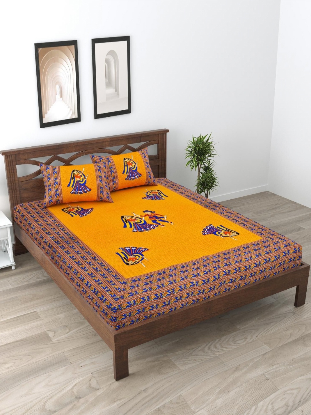 

Aura Yellow & Navy Blue Ethnic Printed Pure Cotton 120 TC Queen Bedsheet Set 2.35 x 2.15m