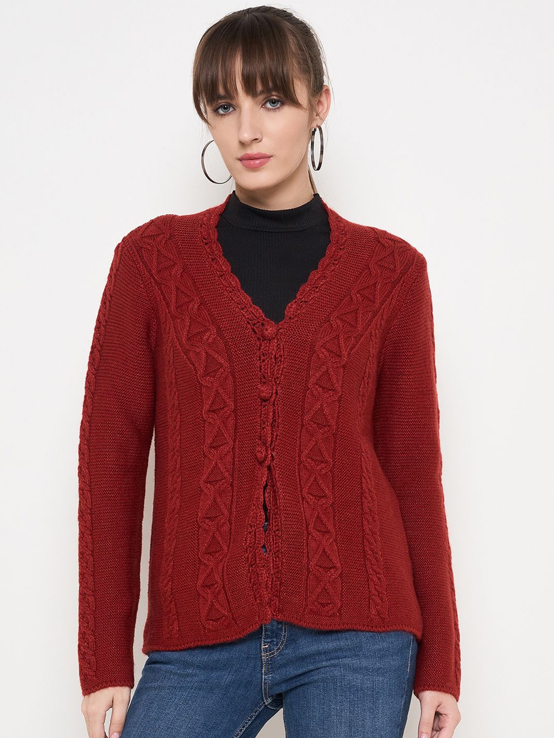 

Madame Women Cable Knit Long Sleeves Cardigan, Red