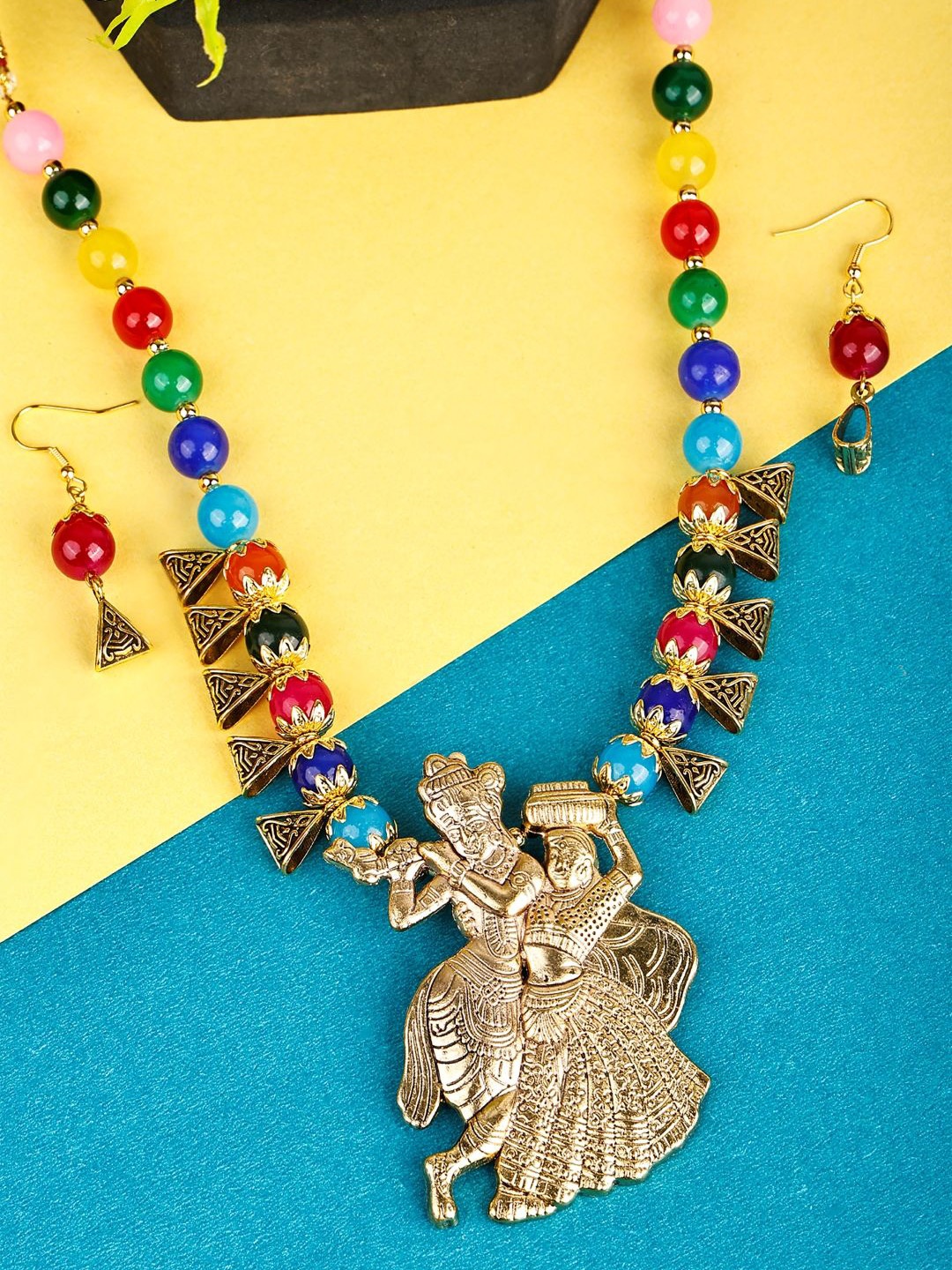 

SUNHARI Turquoise Beads Studded Radha Krishna Jewellery Set, Gold