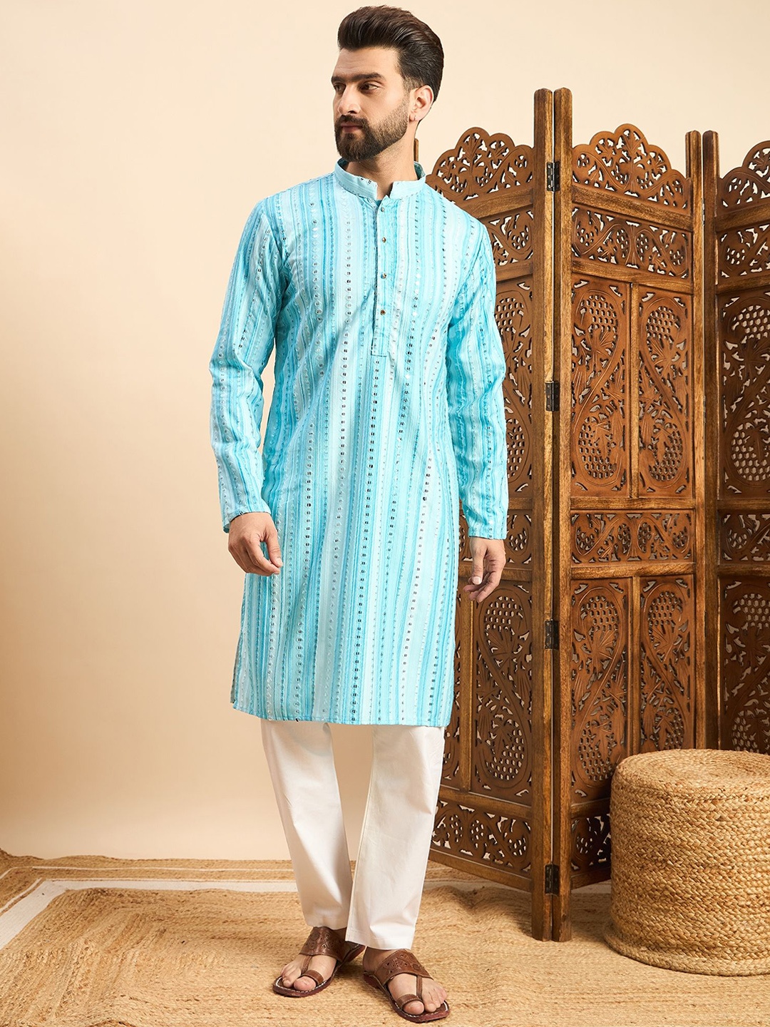 

House of Pataudi Turquoise Blue Geometric Embroidered Long Sleeve Mirror Work Kurta