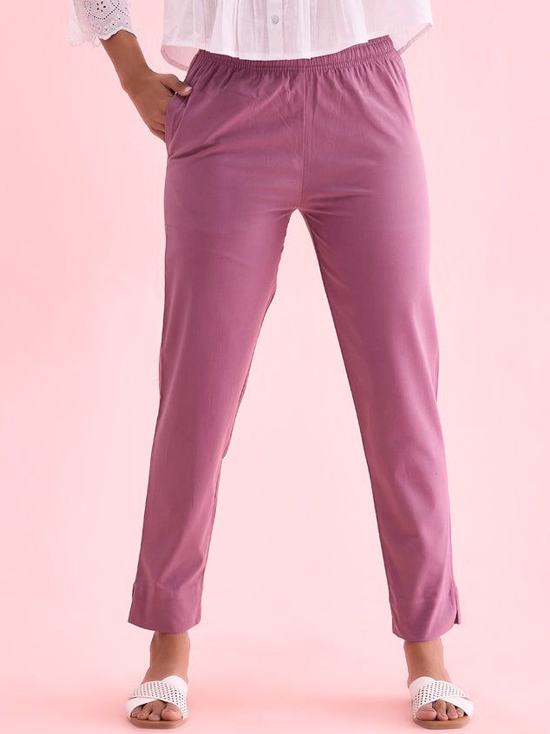 

IndianRang Women Solid Mid-Rise Relaxed Straight Leg Trousers, Purple