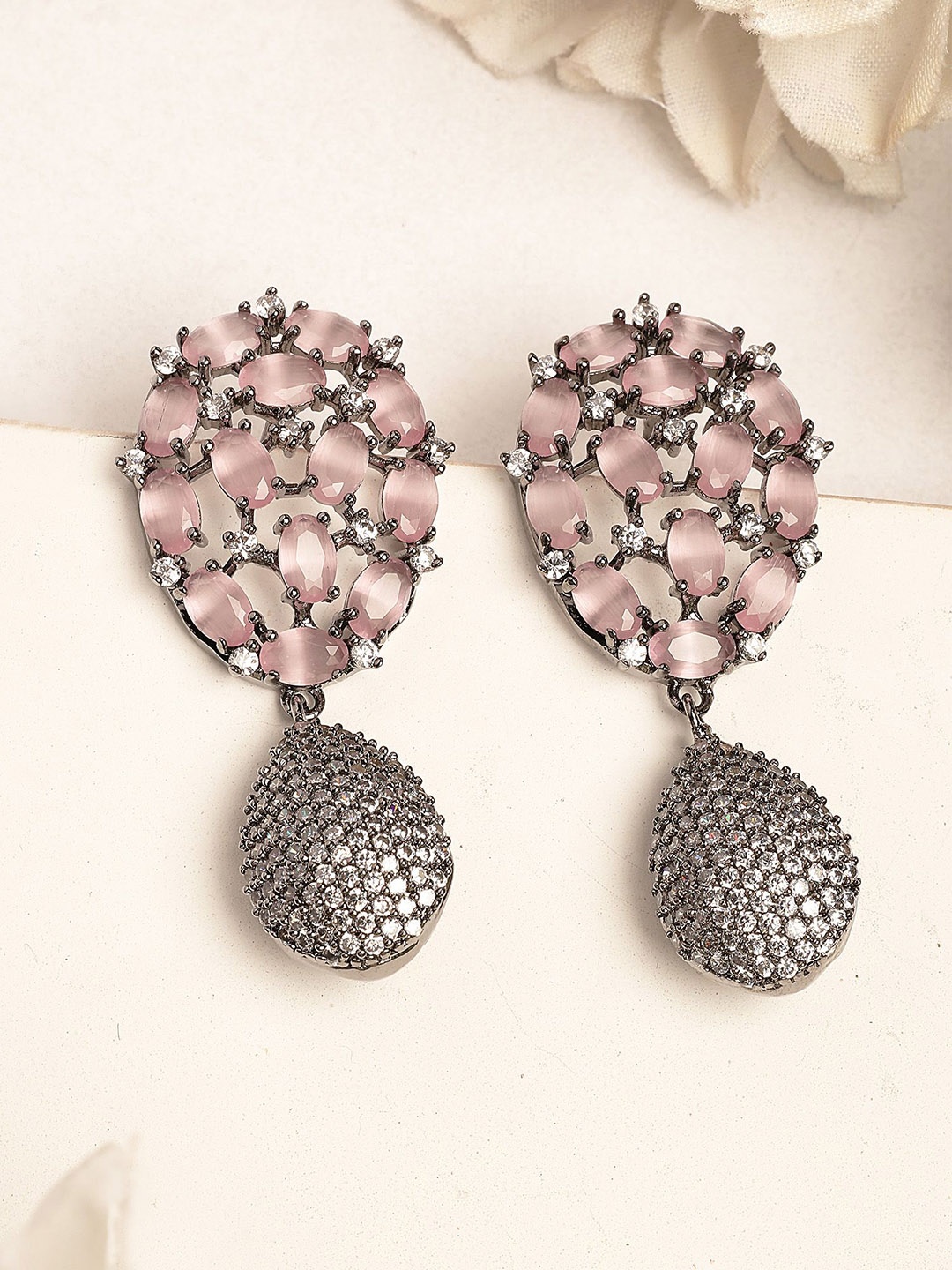 

KARATCART Silver Plated American Diamond Teardrop Shaped Drop Earrings