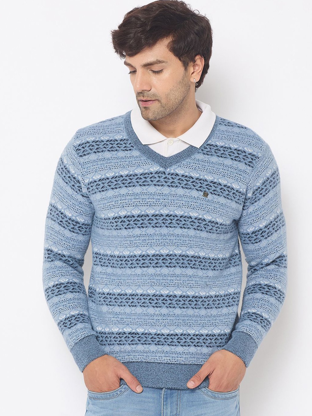 

Duke Men Geometric Self Design Winter Pullover, Blue