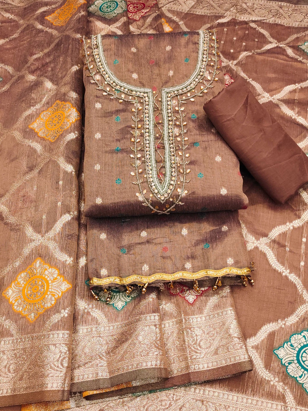 

MANVAA Embellished Unstitched Dress Material, Brown