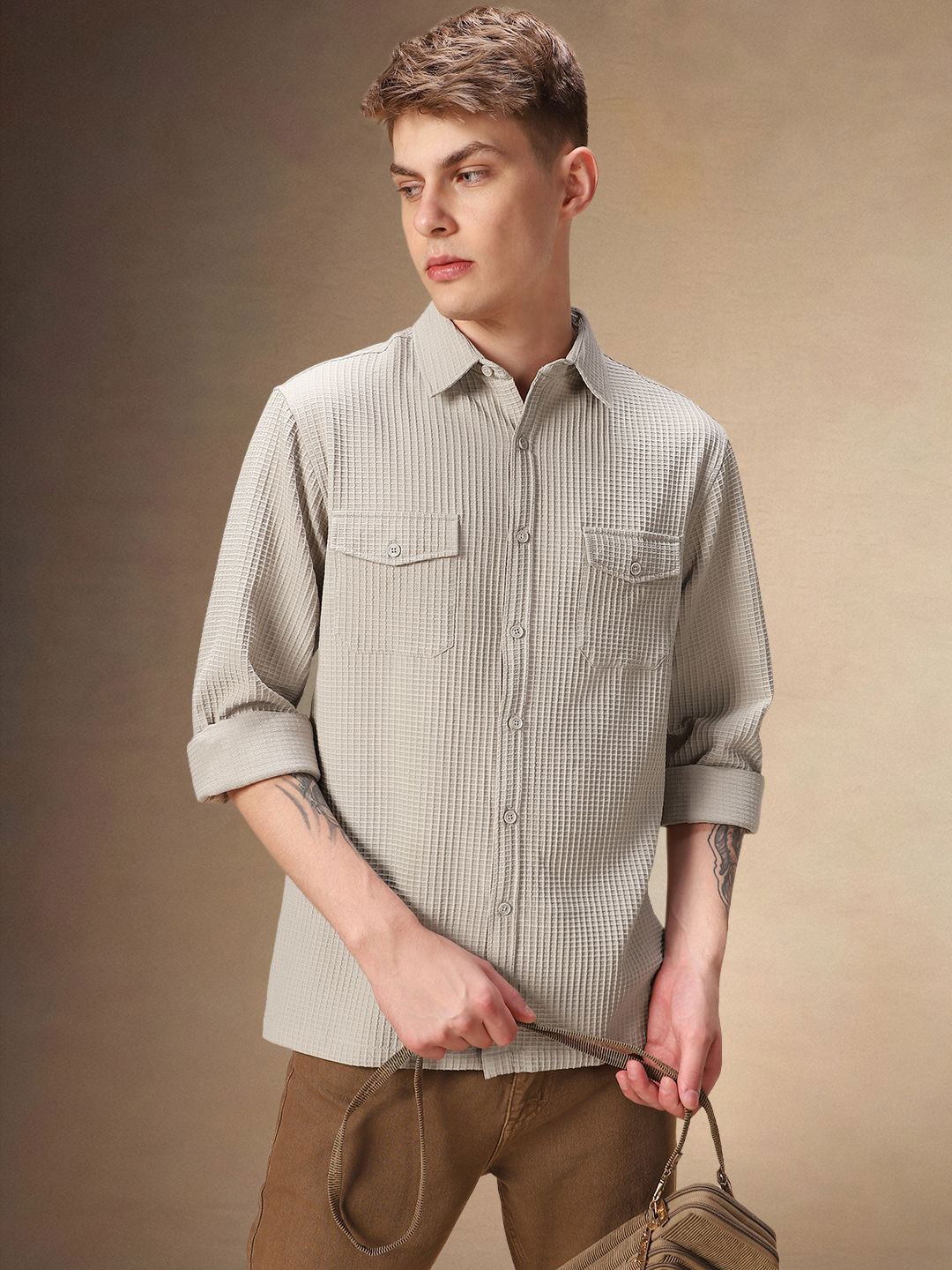 

Dennis Lingo Men Spread Collar Textured Cotton Relaxed Fit Casual Shirt, Beige