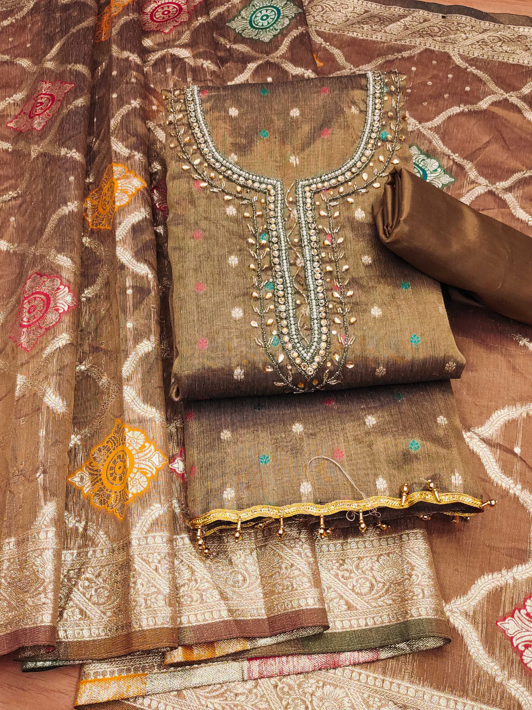 

MANVAA Floral Embellished Sequinned Unstitched Dress Material, Brown