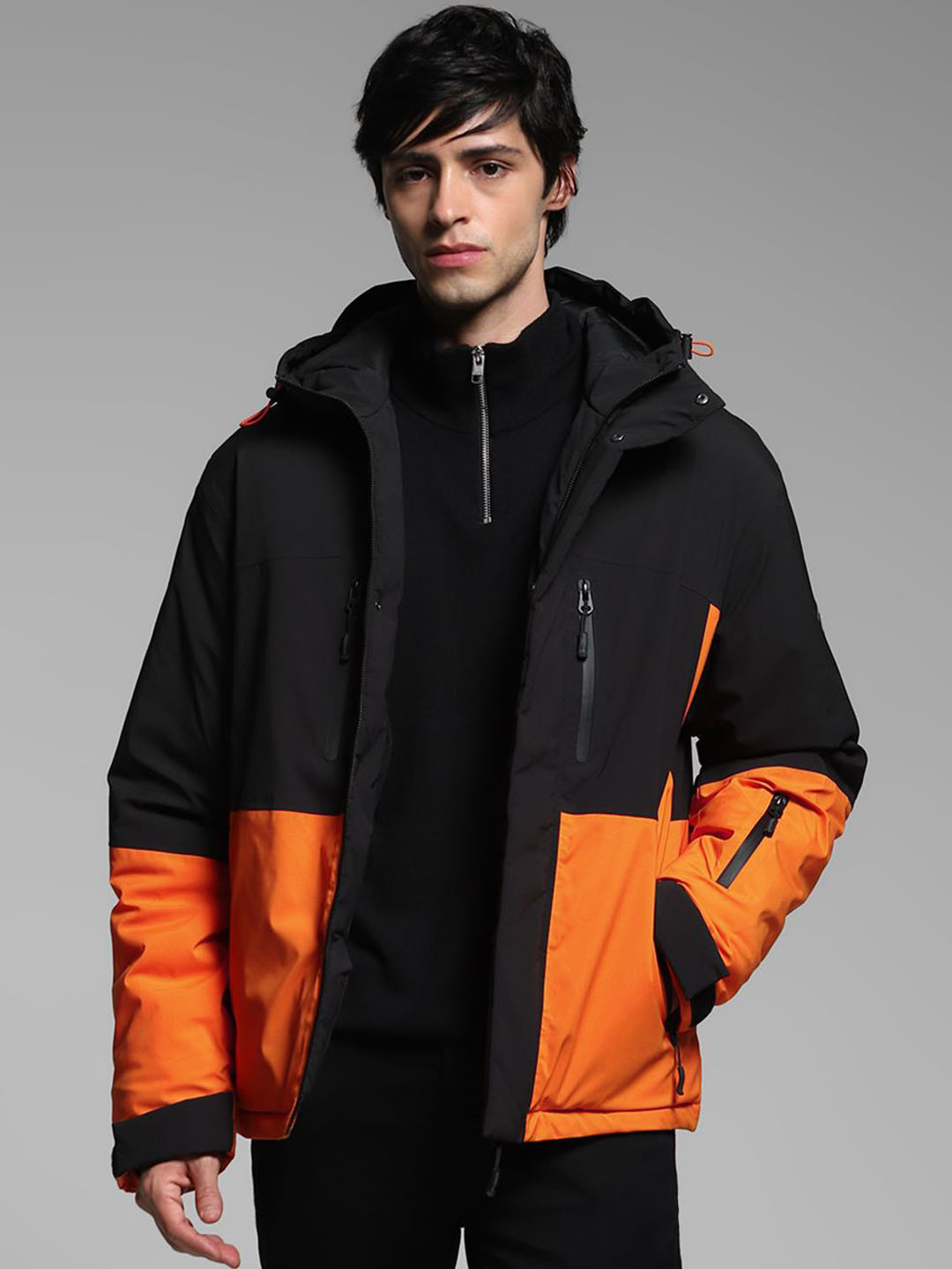 

Jack & Jones Men Hooded Colourblocked Casual Bomber Jacket, Black