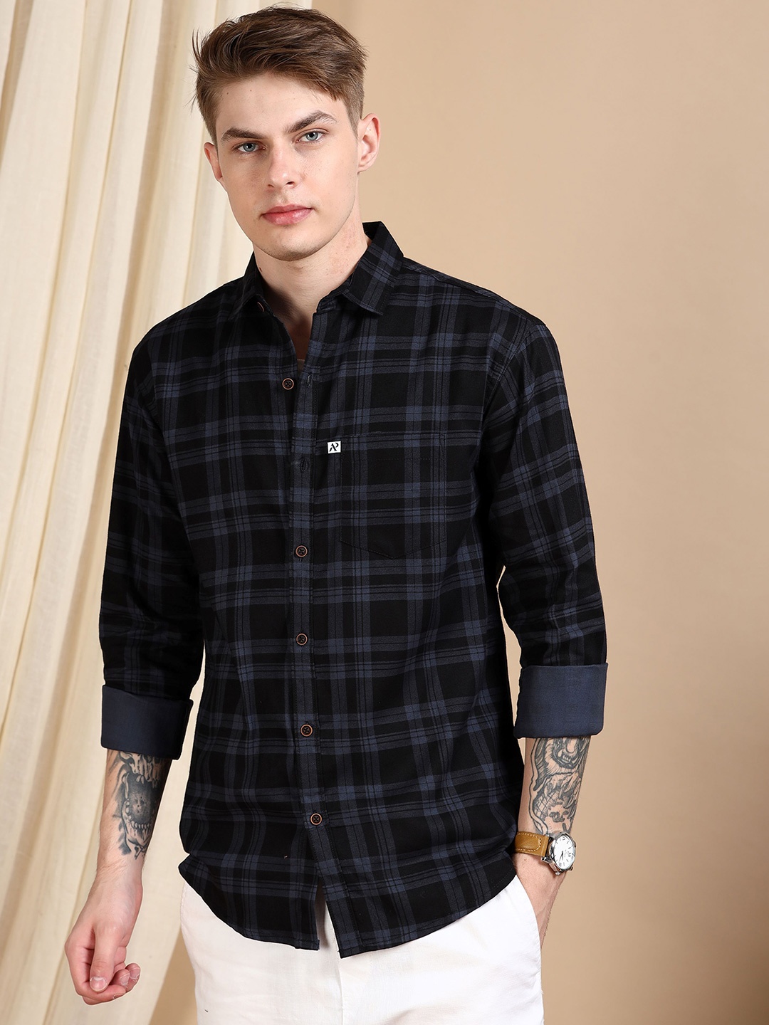 

ALLWIN PAUL Men Checked Cotton Casual Shirt, Grey melange