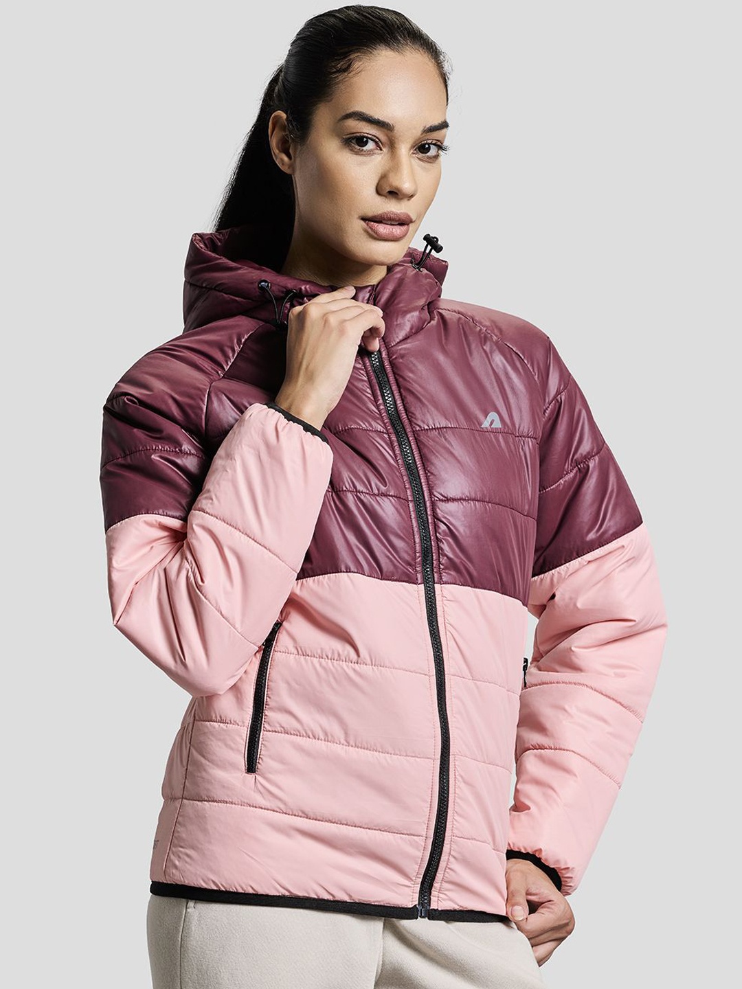 

BOLDFIT Women Hooded Colourblocked Casual Puffer Jacket, Maroon