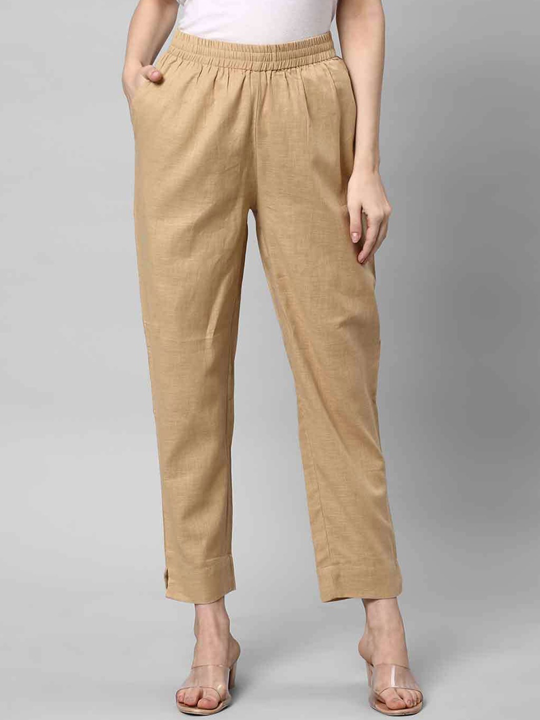 

IndianRang Women Relaxed Straight Leg Cotton Mid-Rise Trousers, Beige